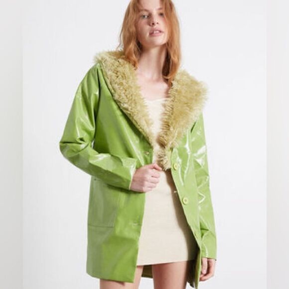 Daisy Street Green Faux Leather Fur Trim Coat Urban Outfitters ASOS Dolls Kill - Picture 7 of 7